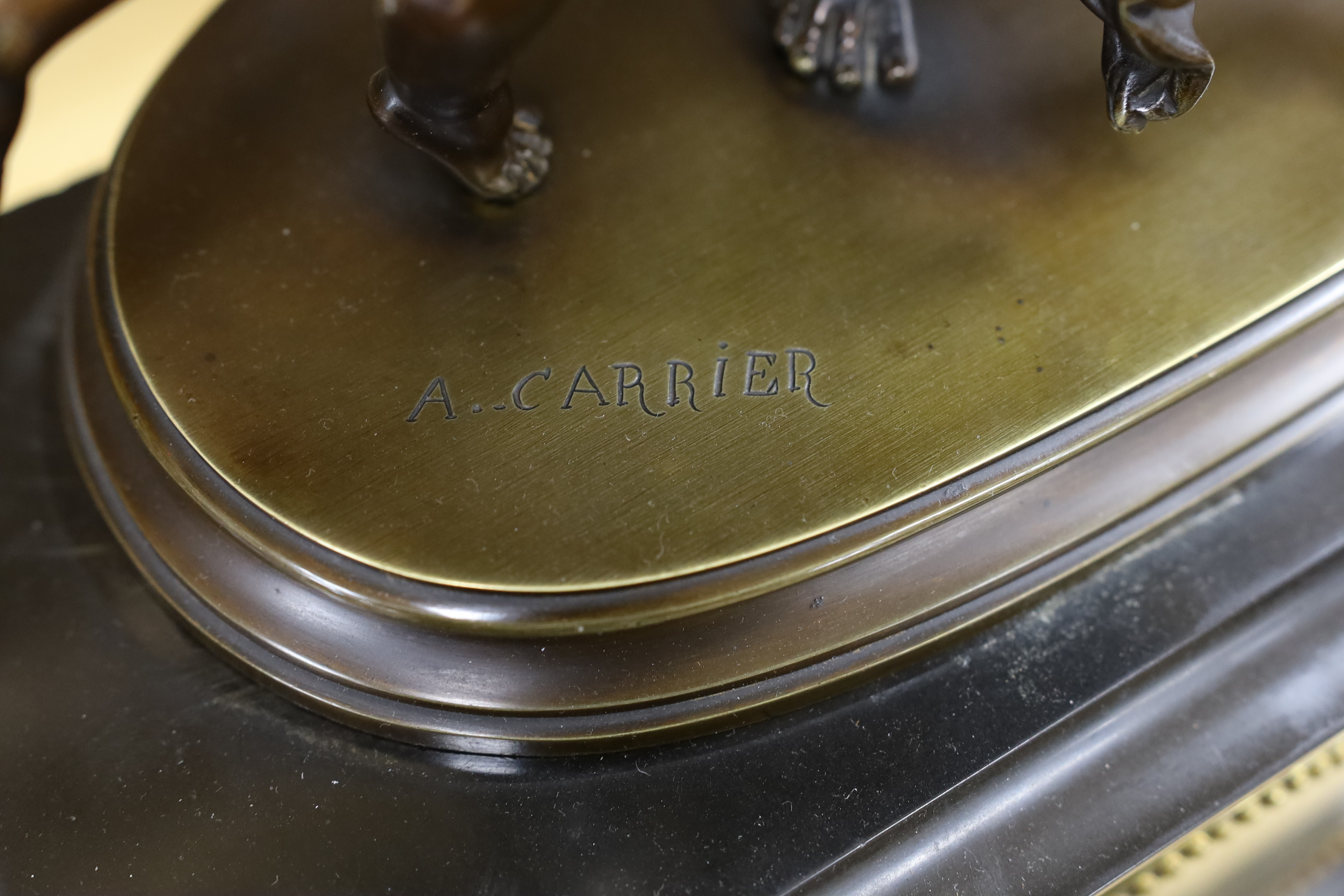 A late 19th century French bronze figural mantel clock, A. Carrier, 66cm